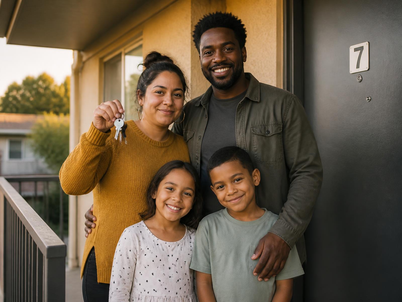 A family standing together at the door of their new apartment home, holding keys